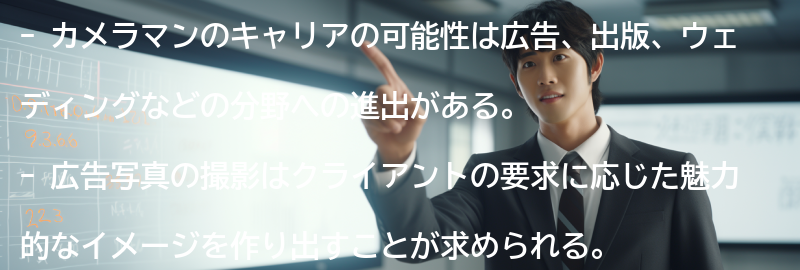 カメラマンのキャリアの可能性：広告、出版、ウェディングなどの分野への進出の要点まとめ