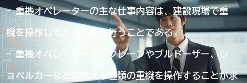 重機オペレーターの主な仕事内容の要点まとめ